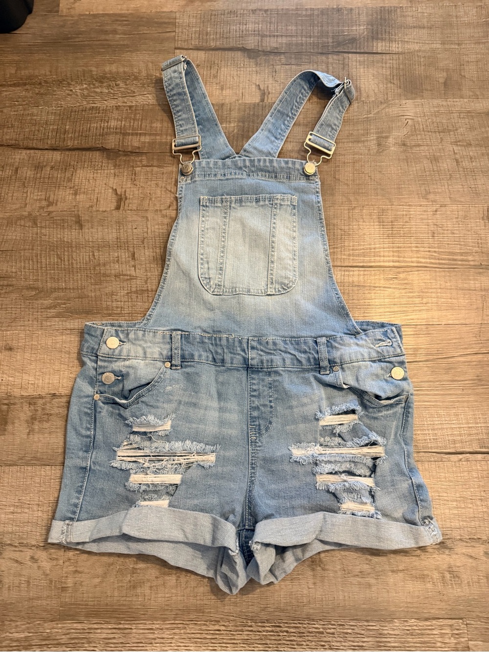 Distressed Denim Overall Shorts Light Wash Shortalls Ripped Y2K Cuffed Size 11